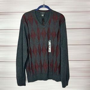 NWT J. Ferrar V-neck Sweater Gray Burgundy Argyle Pullover Cotton Cashmere L